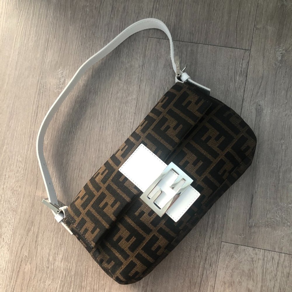 Fendi Zucca Baguette Shoulder Bag with white leather strap
